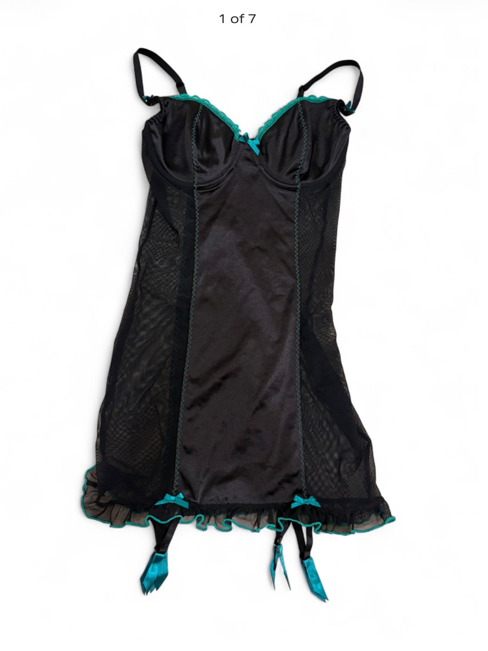 Frederick’s of Hollywood Black Teal Mesh Garter Chemise Lingerie Y2K Fairycore